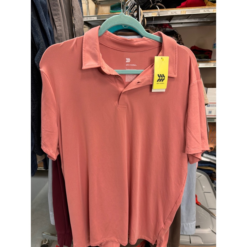 All in Motion Mens Performance Polo Shirt Salmon Pink Coral Short Sleeve Large